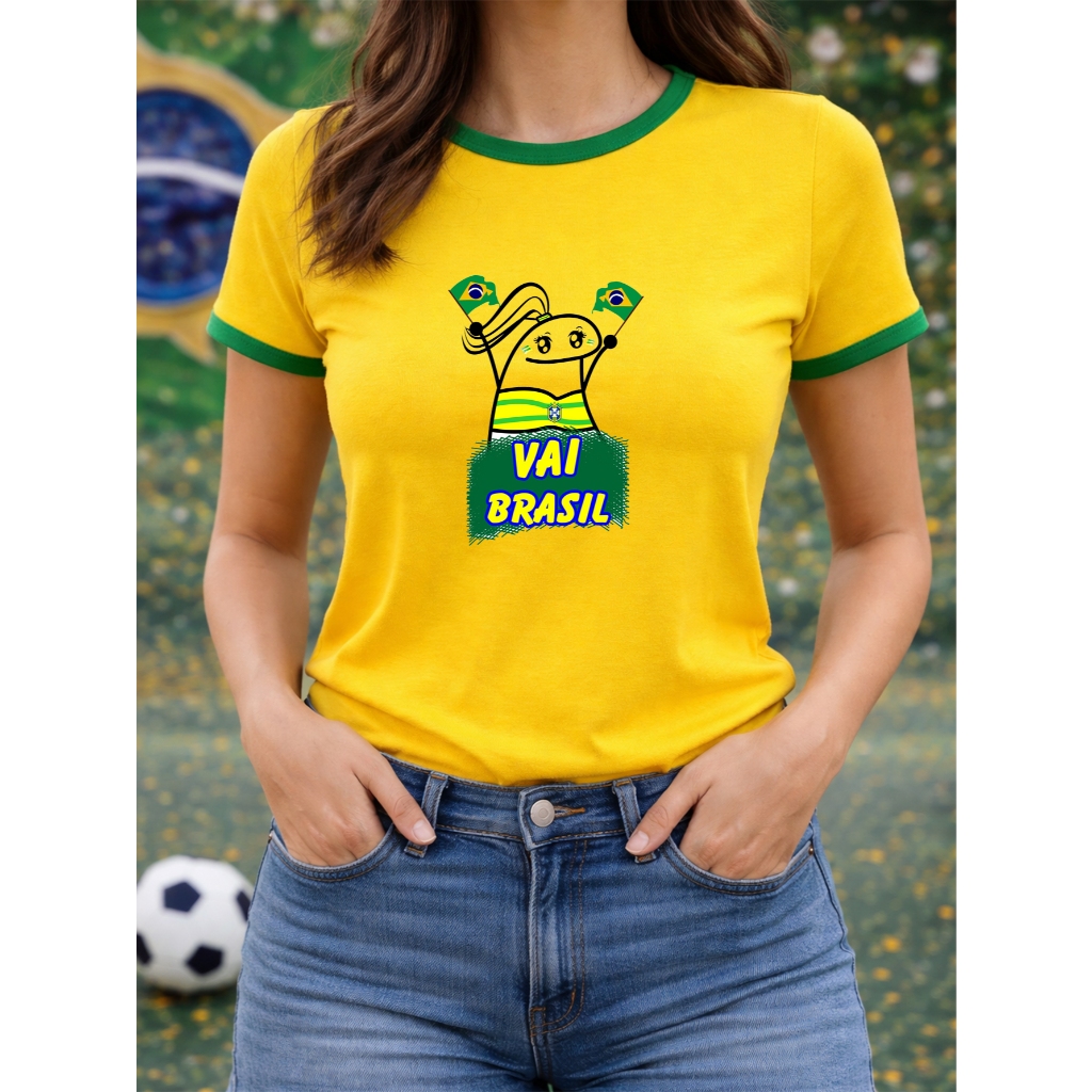 Blusa Feminina Brasil Camiseta TShirt Babylook Vai Brasil Copa do Mundo Brasileira 100% Algodão