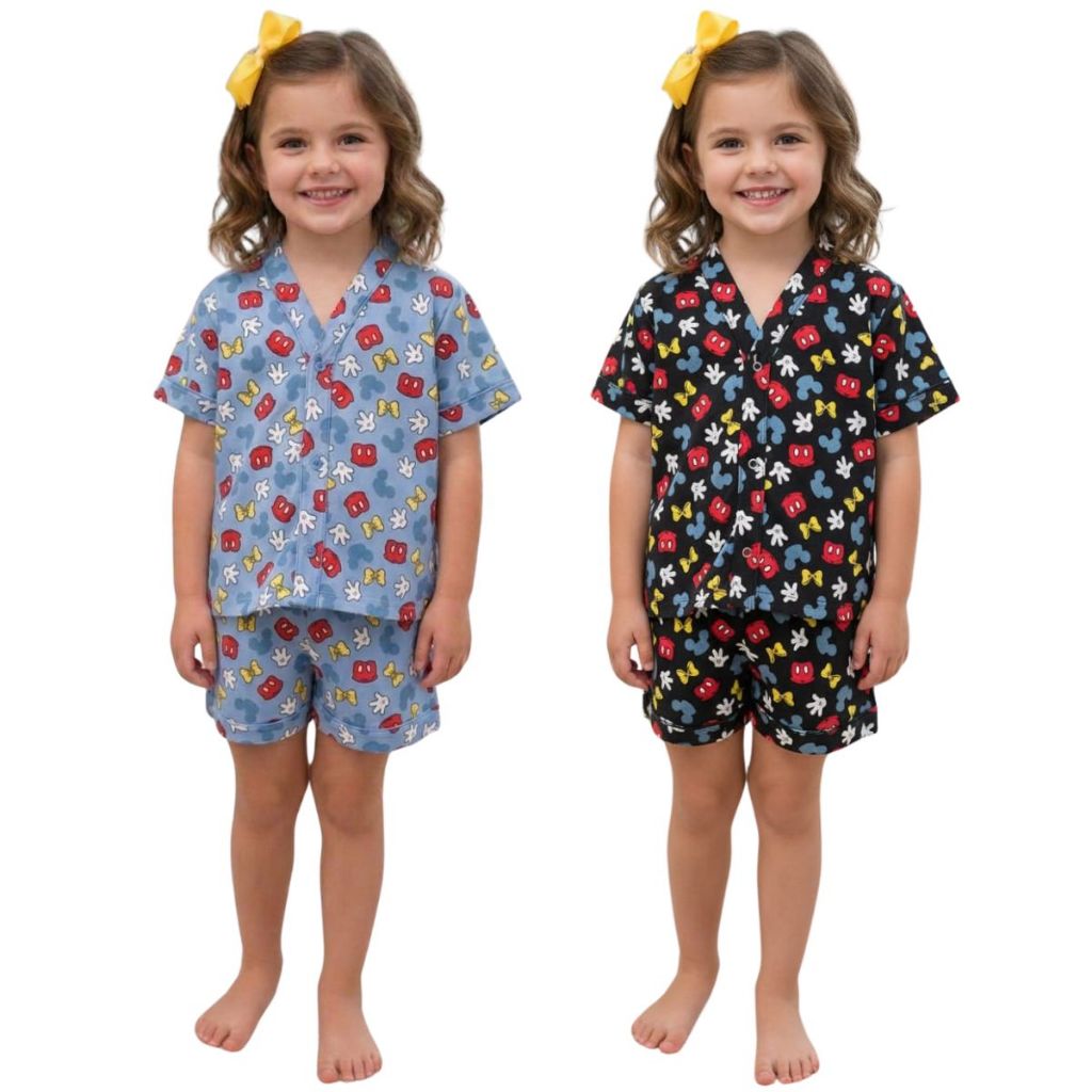 Kit 2 Conjuntos Pijama Estampado Americano Feminino Infantil Poliéster Linha Noite Confortável