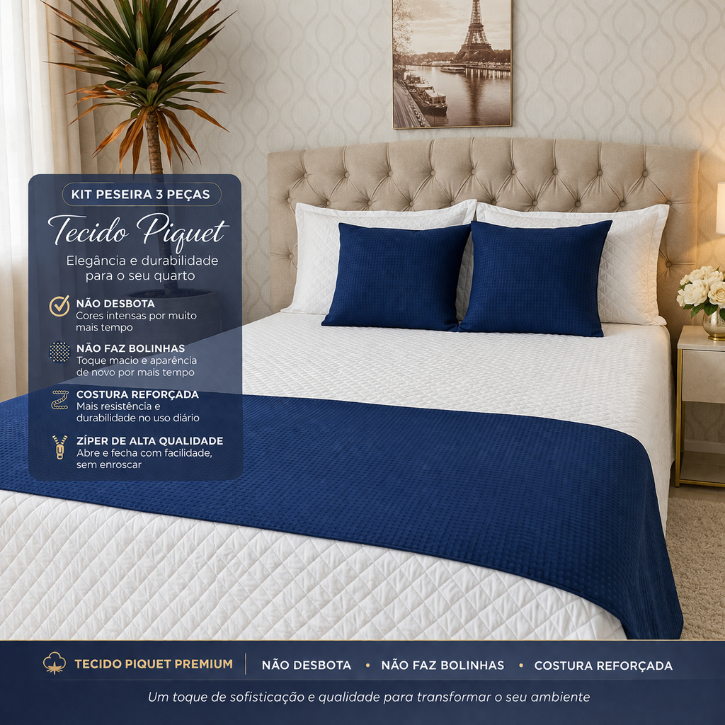 Kit Peseira  Solteiro Casal Queen 3 Peças Tecido Piquet Premium com 2 Capas de Almofada Decorativas