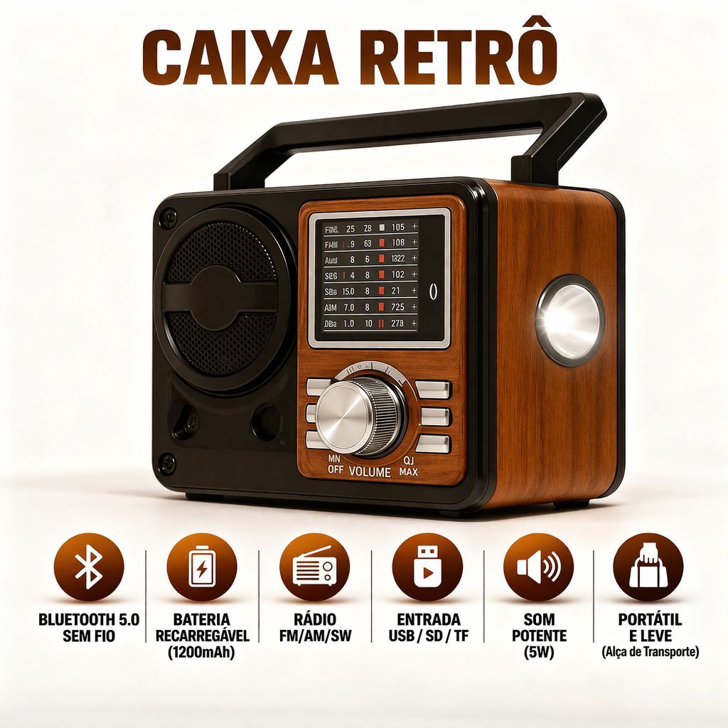 Caixa Som Retro Vintage Bluetooth Portatil USB FM Radio Lanterna Recarregavel Som Potente