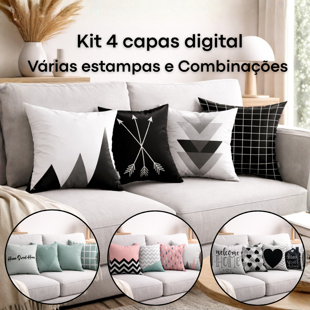 Kit 4 Capas de Almofada Decorativas Digital Luxo Moderna