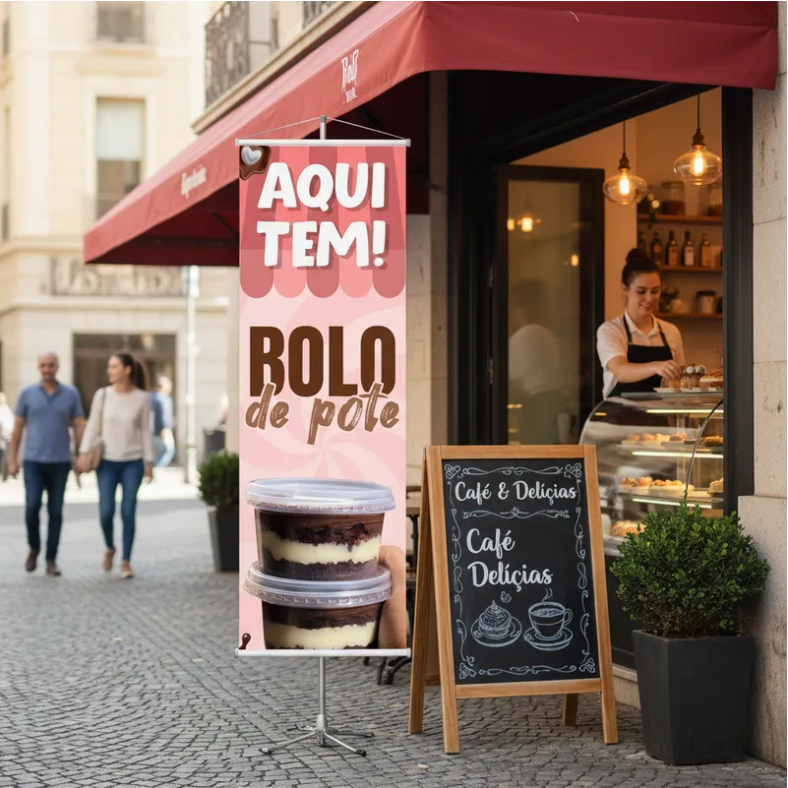 Banner Faixa Lona Personalizada Divulgação Aqui Tem Bolo De Pote Food Truck Doce 100x30
