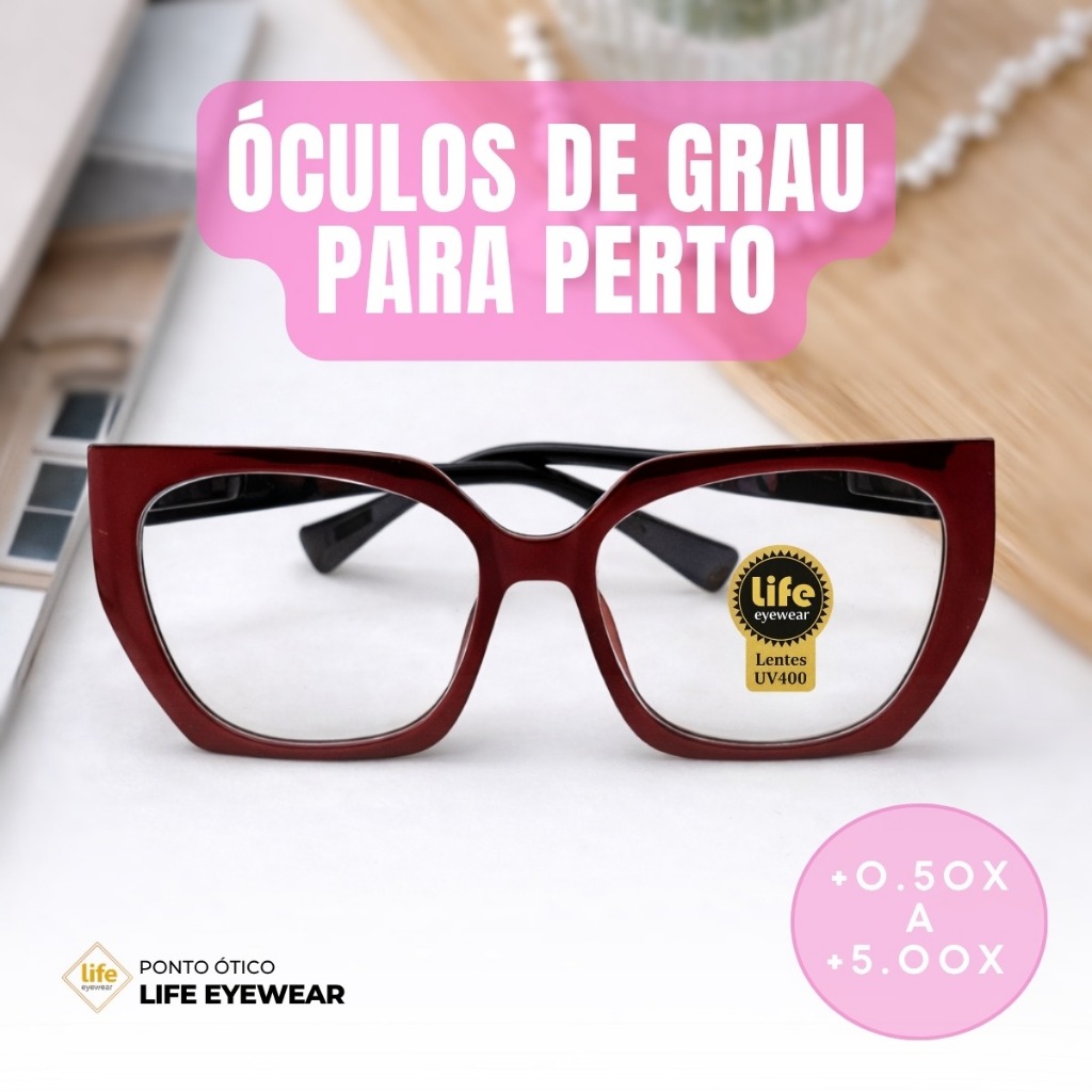 Óculos Hexagonal Marília Grau +0,50 a +5,00 Feminino Leitura Hipermetropia Vinho