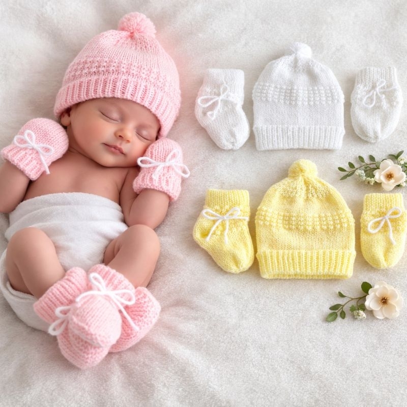 3 KITS BEBÊ RECÉM NASCIDO EM LÃ - 9 PEÇAS ( 3 Gorros, 3 Sapatos e 3 Luvas )