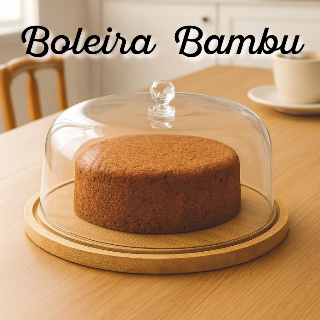 Boleira Bambu Com Tampa Acrílico Porta Bolo Torta Pudim Queijo Decoração Decor Mesa Posta 28cm