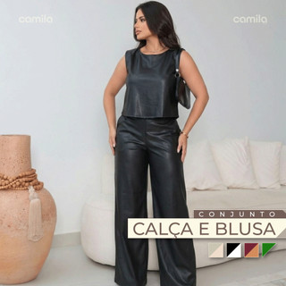 Conjunto Couro Fake Feminino Blusa + Calça Moda Blogueira Look Poderoso Estiloso Elegante Inverno Frio