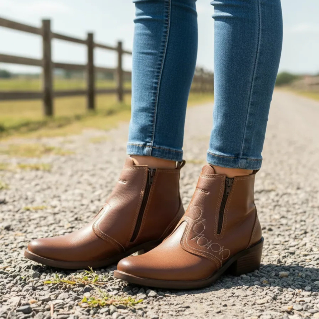 Bota Country Feminina Zíper Couro Legítimo Botina Estilo Rodeio Montaria Cavalgada Conforto 3536