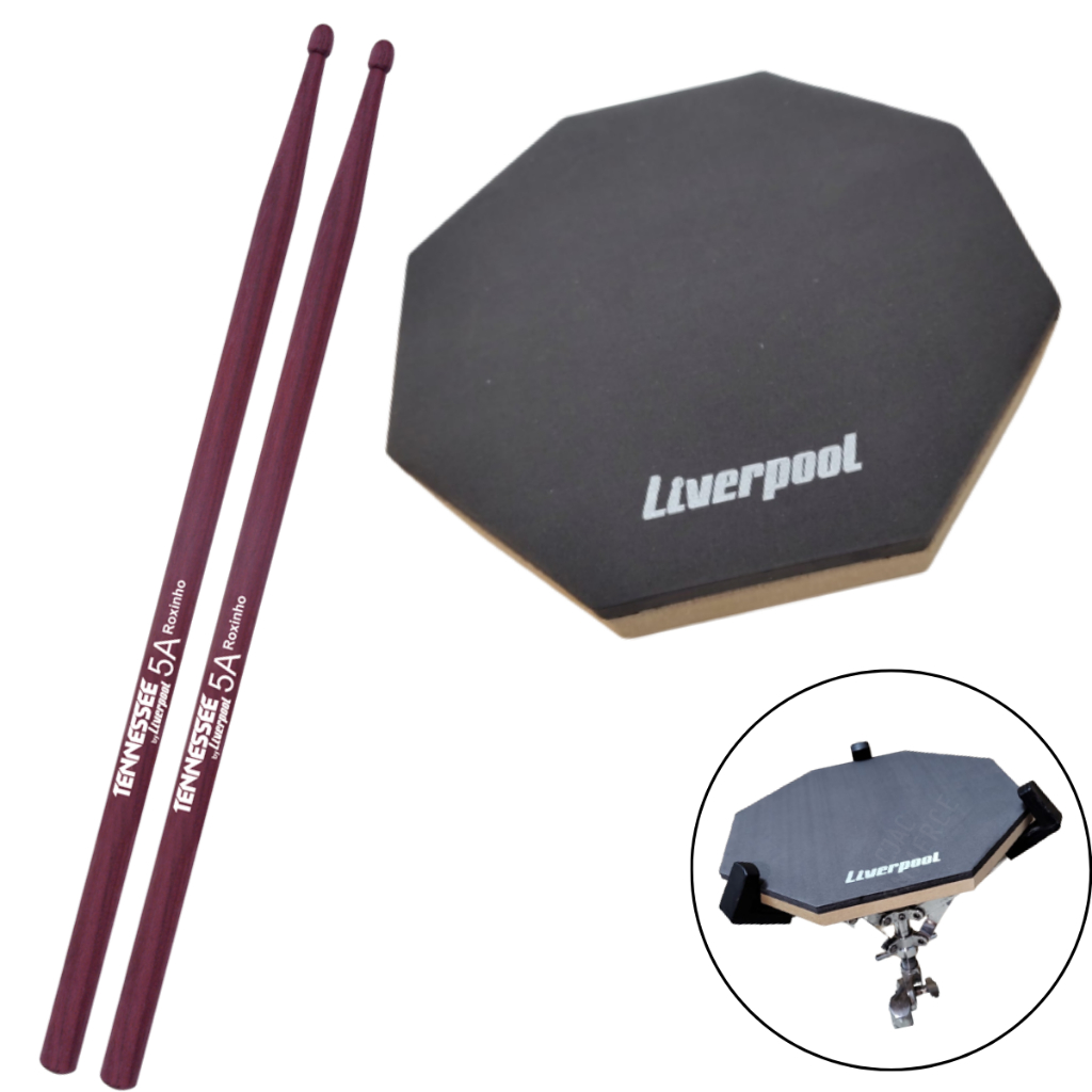 Pad Praticável Bateria 12' em EVA com Baqueta 5A Liverpool Roxinho KIT de Estudo Rudimentos Bateria