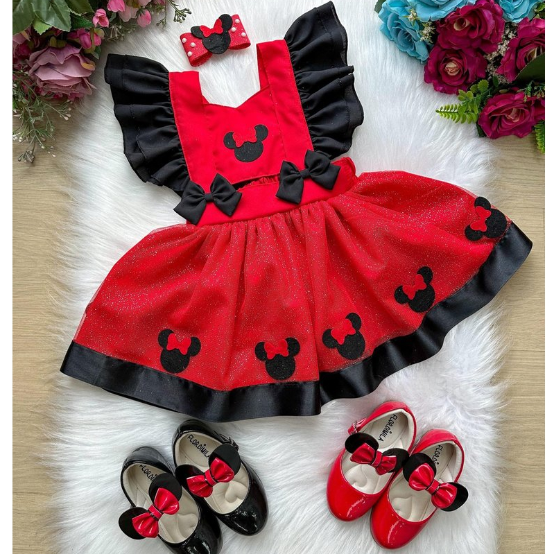 Romper/Vestido Menina Minnie Minie Vermelho Temático Festa 1 Aninho Acompanha Laço