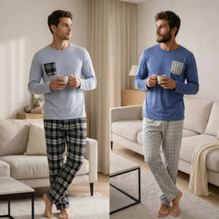 Kit 2 Pijamas Masculino Xadrez de Frio Inverno Manga Longa  Calça De Malha Promoção em Oferta na Shopee