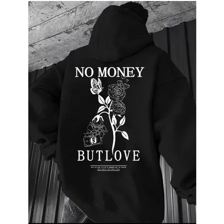 Blusa de Moletom Canguru No Money But Love Capuz e Bolso Flanelado Unissex Masculino Feminino Blusa De Frio