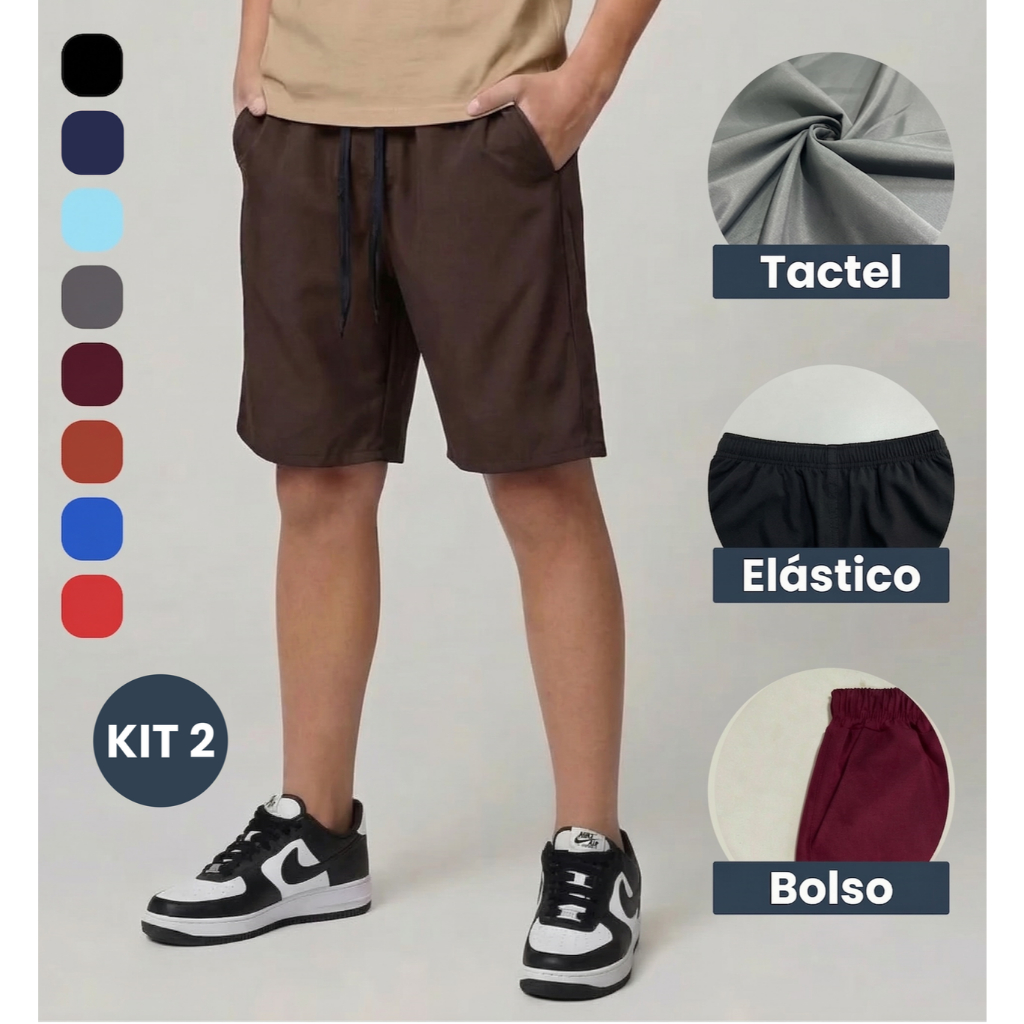 Kit 2 Bermuda Masculina Tactel com Elastano Infantil Juvenil Criança Short Liso Uniforme Escolar - Tamanho 2 ao 16 em Oferta na Shopee