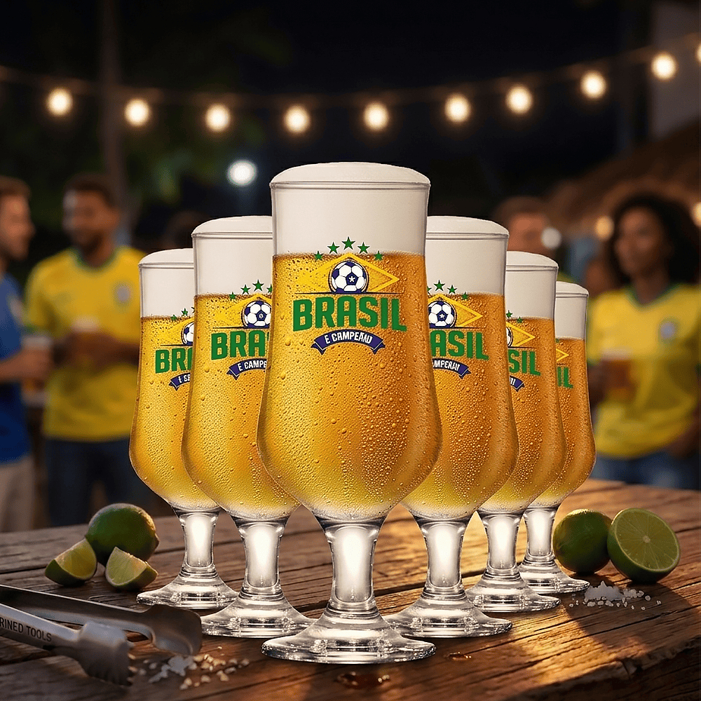 Taças Barcelona Seleção Brasil 370ml, Jogo de Taças de Vidro Cerveja Brasil, 6pçs Logos Sortidas