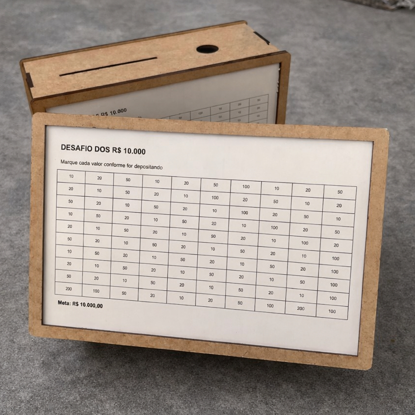 Cofre Desafio MDF 10Mil Dinheiro Método Japonês Cofrinho Poupança Woodbox