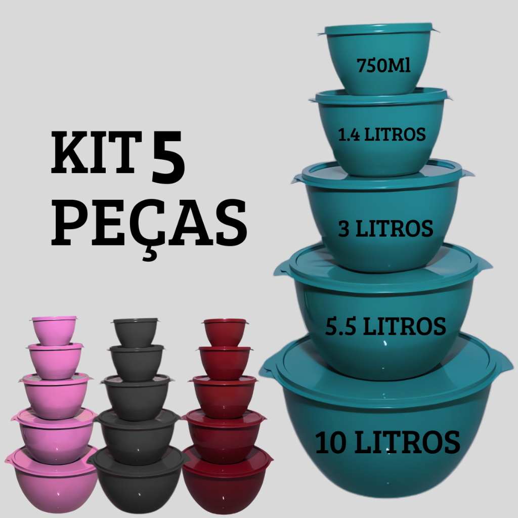 Kit 5 Potes Bowl Plásticos Saladeiras Grande 10 Litros Bacia com Tampa Vedação Tapoer Diversas Cores em Oferta na Shopee