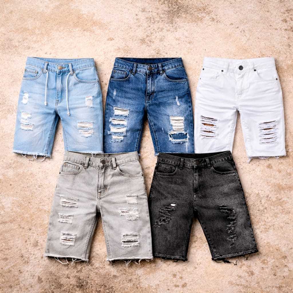 Kit com 5 Bermuda Jeans Rasgada Modelo Jogador Shorts Premium Masculino