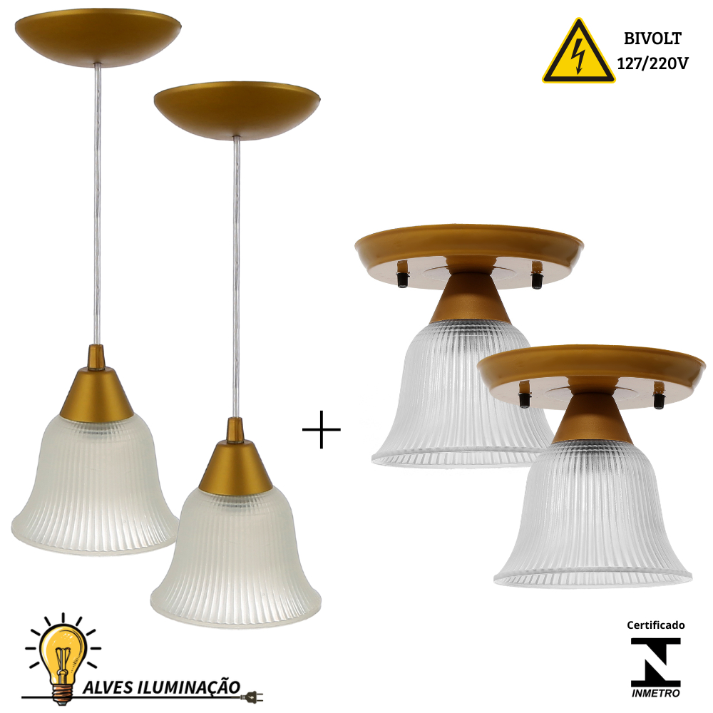 Kit 2 Plafons Sino e 2 Pendentes Sino para 1 Lâmpada Cúpula Cristal de Sobrepor o Teto Soquete E27 Bivolt Completo