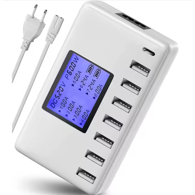 Estação de carregamento usb 8 portas i10 60w 12a multi usb c hub carregador com display lcd para celular tablet