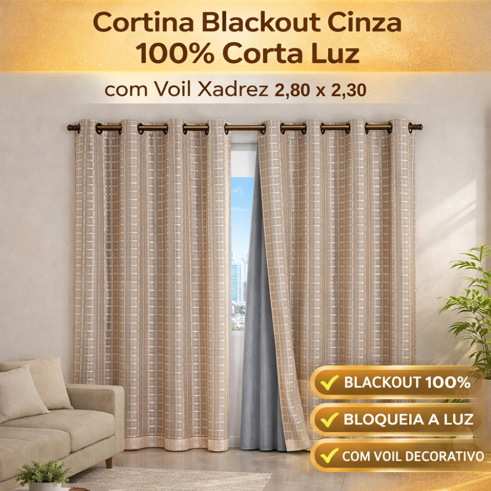 Cortina Blackout Cinza 100% Corta Luz com Voil Xadrez 2,80 x 2,30 m  Sala/Quarto Elegante