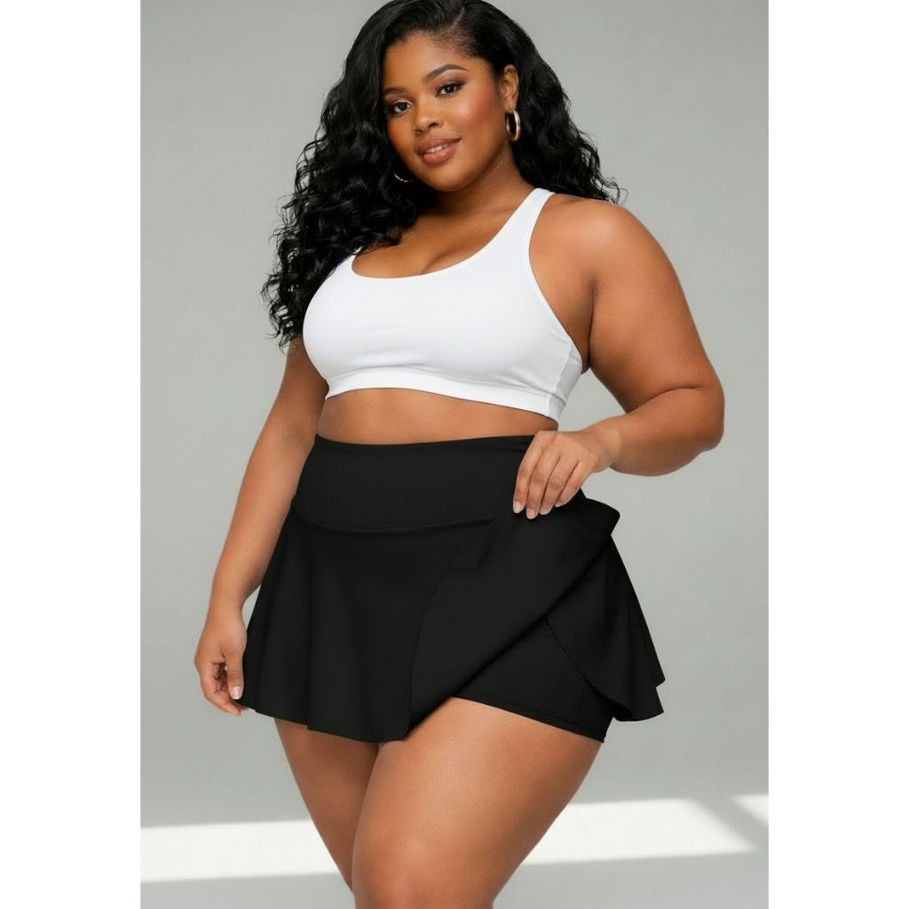 Shorts Saia Suplex Feminino Plus Size Preto Zero Transparência Cintura Alta Academia Fitness Conforto