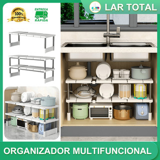 Prateleira Retrátil p/ Pia Cozinha Organizador de Panelas Suporte Multifuncional Resistente Compacto