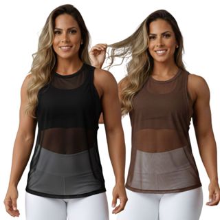 Kit 2 Blusa Feminina Fitness Regata Transparente Academia Tule Arrastão Moda Treino Camisão em Oferta na Shopee