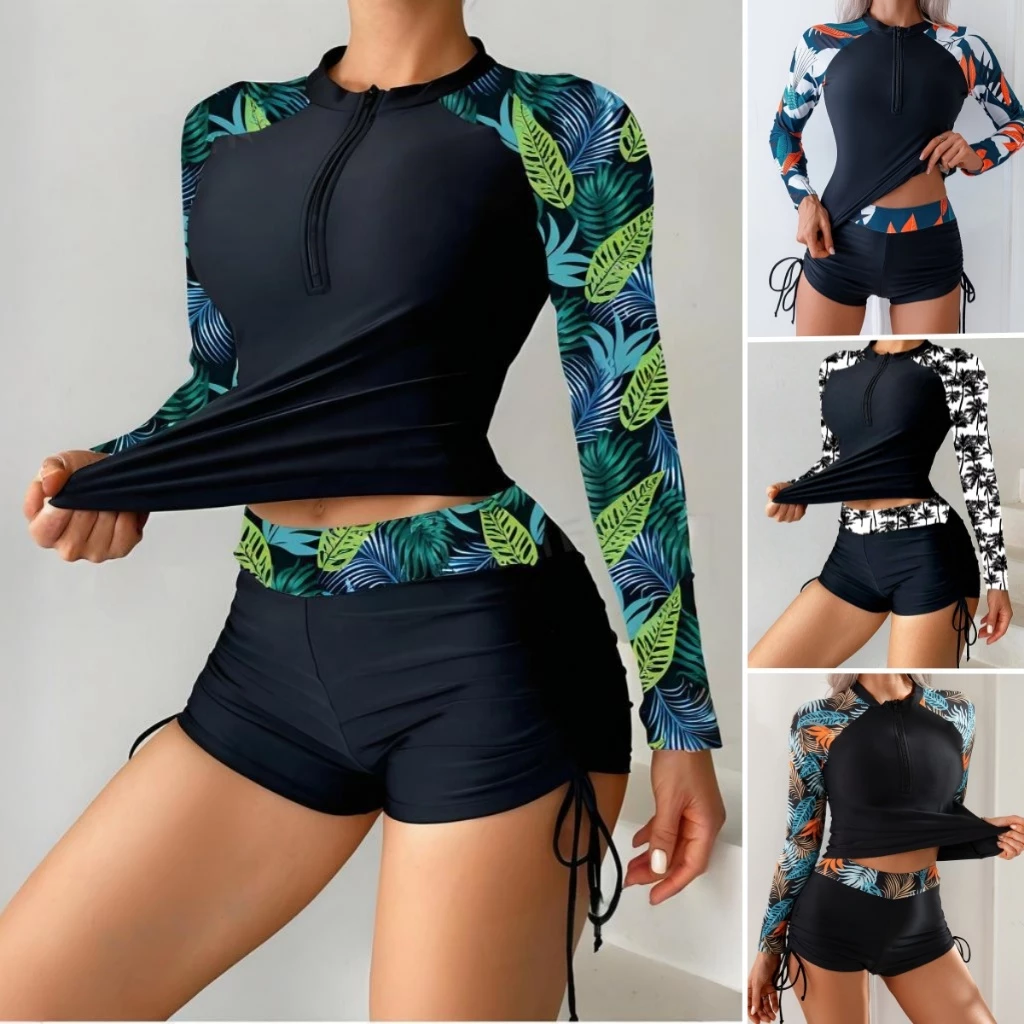 Maio Feminino Praia 2 Peças Blusa De Manga Longa Zíper E Shorts Estampa Tropical Tankini Feminino — imagem 1
