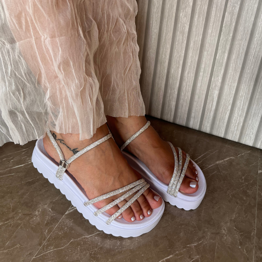 Sandália Feminina Papete Birken Tamanco Luxo Strass Pedraria Brilhante 3 Tiras 2 em 1 Flatform