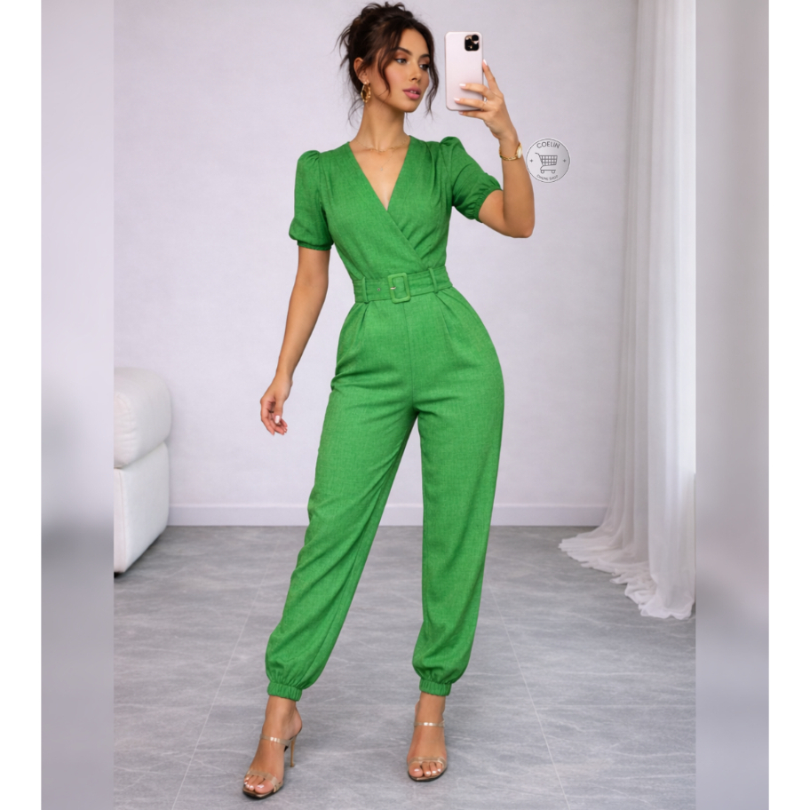 Macacão Feminino Longo Verde Elegante com Cinto Manga Curta Bufante Calça Jogger Moda Social Casual