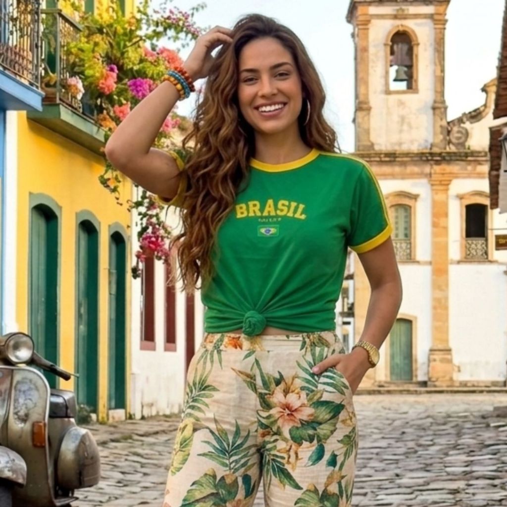 Camiseta Feminina Brasil Retrô  Bordada Malha Penteada Copa do Mundo