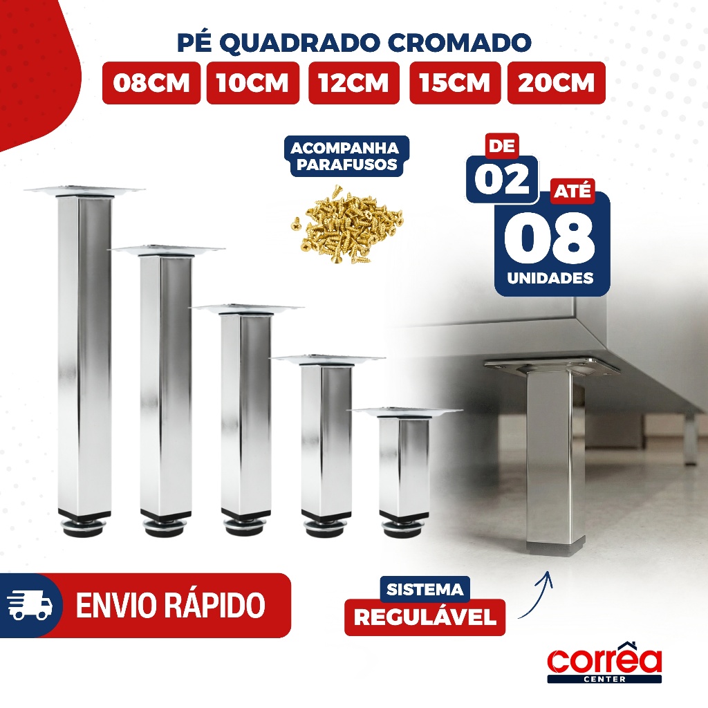 Pé Quadrado Cromado para Móveis 8cm a 20cm – Regulável – 2 4 6 ou 8 Unidades em Oferta na Shopee