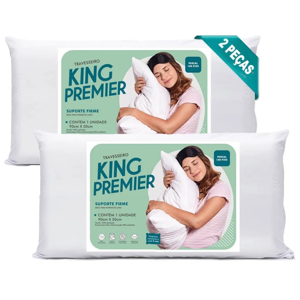 Kit Travesseiro Grande King 90x50cm Tecido Percal 180 Fios Fibra Siliconada Branco 01 ou 02