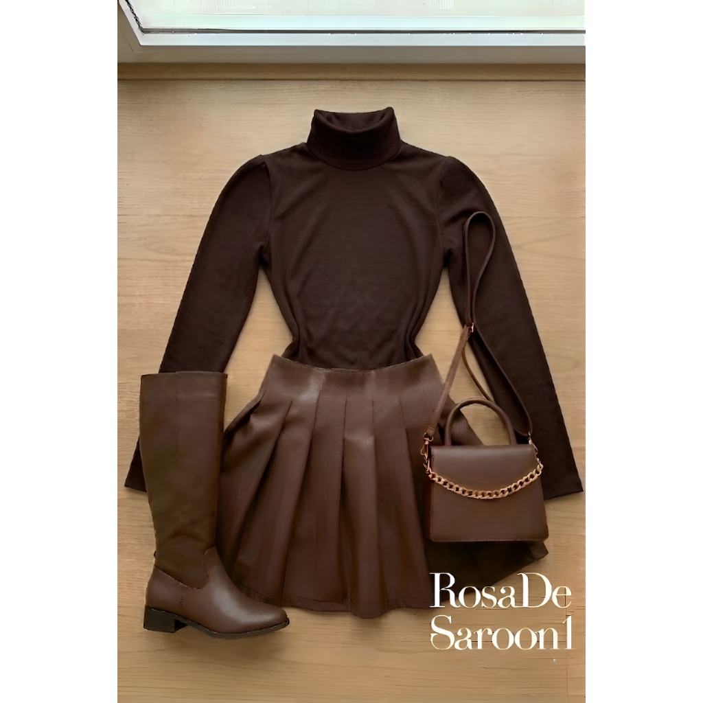 Conjunto Feminino Body Gola Alta Marrom + Saia Couro Plissada em Oferta na Shopee