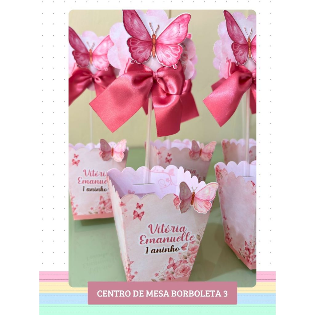 Centro de Mesa Jardim das Borboletas Rosa 3 | Personalizado | Enfeite Cachepô  | Decoração Festa |ENVIO RÁPIDO