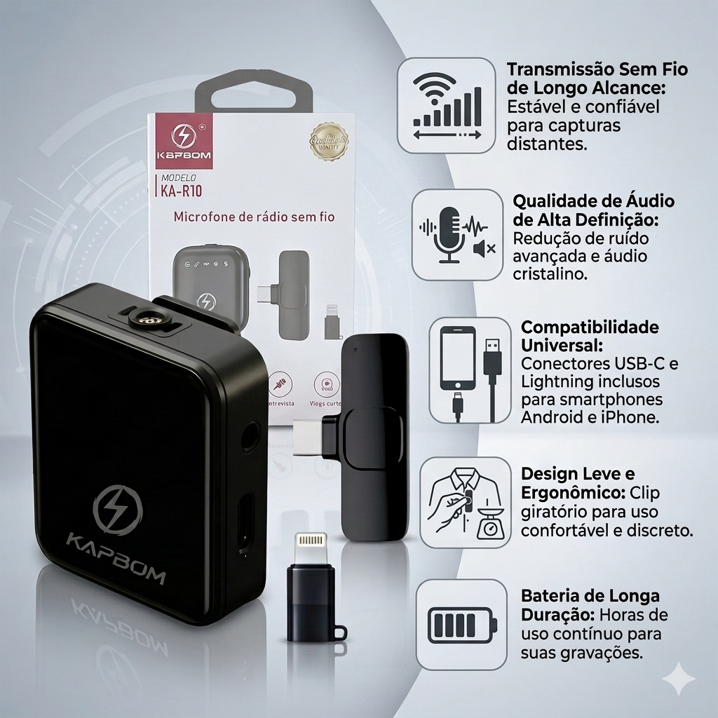 Microfone Lapela Sem Fio KA-R10 Profissional Android iPhone Tipo-C Lightning Plug Play Anti Ruído