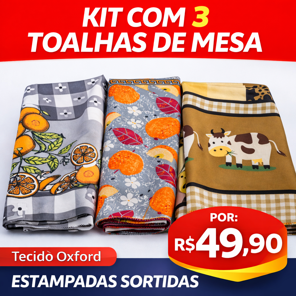 Kit 3 Toalhas de Mesa 4 Lugares Oxford Estampas Sortidas Para Mesa Quadrada