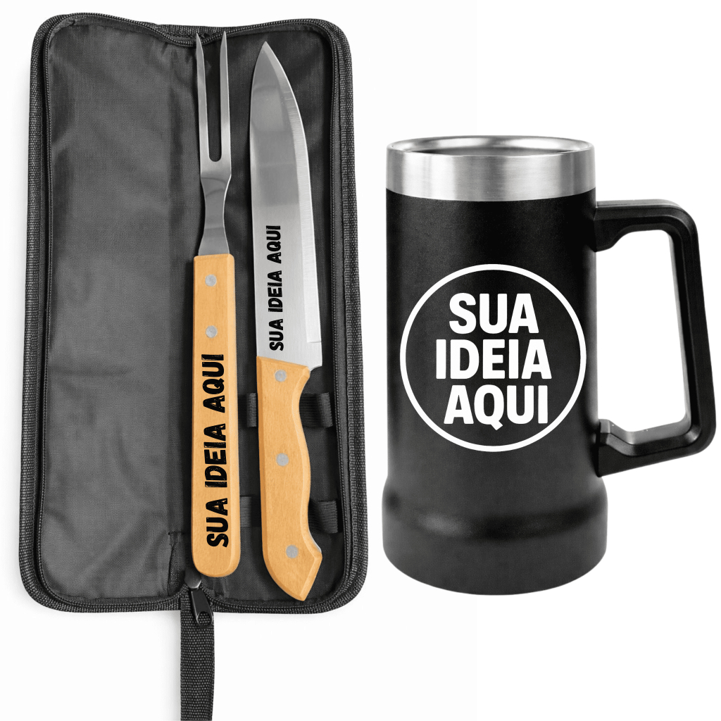 Kit Churrasco Personalizado Faca Garfo Estojo Nome Logo Time Copo térmico personalizado