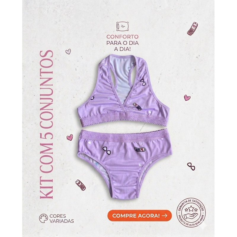 KIT 5 CONJUNTOS ESTAMPADOS INFANTIL MENINA SEM BOJO TANGA CALCINHA SEM BOJO ESTAMPADO ESCOLA NADADOR