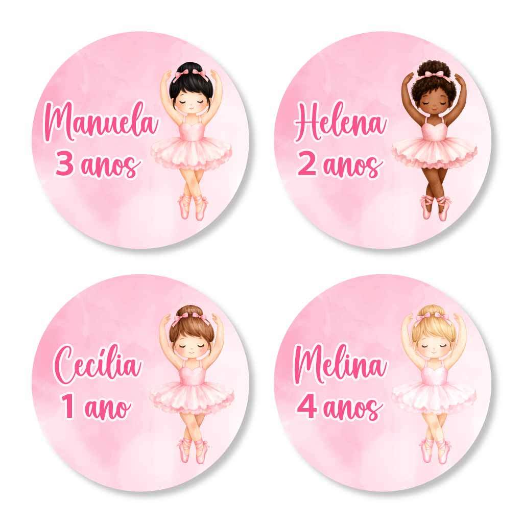 Kit 60/120 Adesivos Bailarina Personalizados 4x4cm | Rótulo Redondo Nome e Idade para Lembrancinhas de Aniversário
