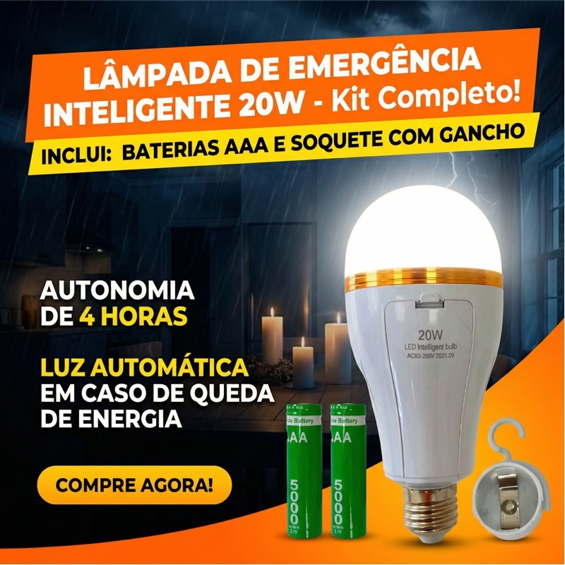 Lâmpada de Emergência LED 20W Bivolt Potente Funciona 4h e Liga Sozinha na Falta de Energia-J-20W em Oferta na Shopee