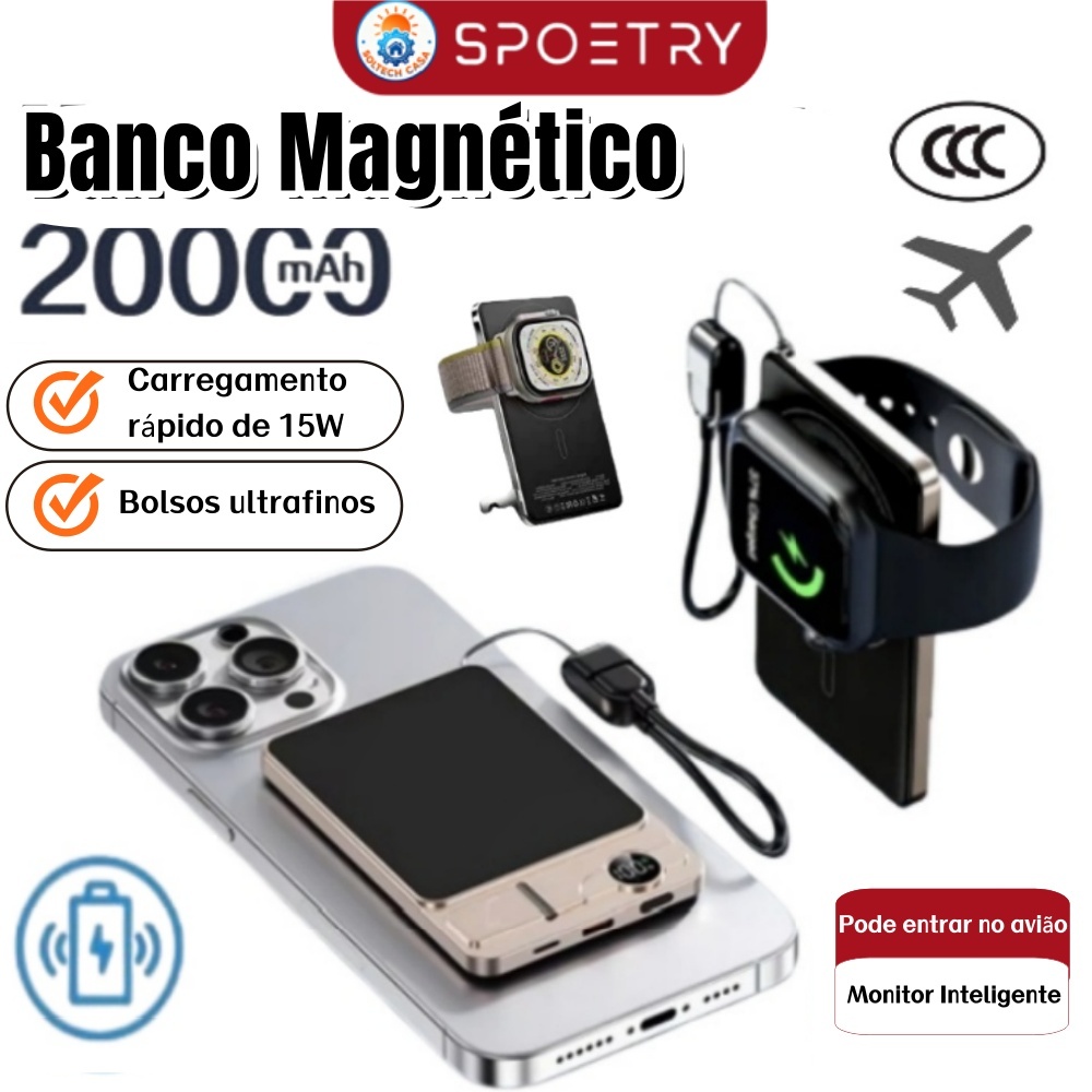Power Bank Magnético Portátil 20000mAh com 3C Recarga Rápida 22.5W para Celular e Smartwatch