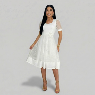 Vestido Casamento Civil Midi Feminino Godê Elegante com Tule Rodado em Oferta na Shopee