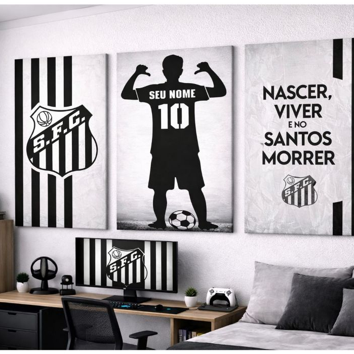 Quadro Santos SFC Personalizado com Nome Kit 3 Peças Futebol Decorativo Quarto Infantil Menino
