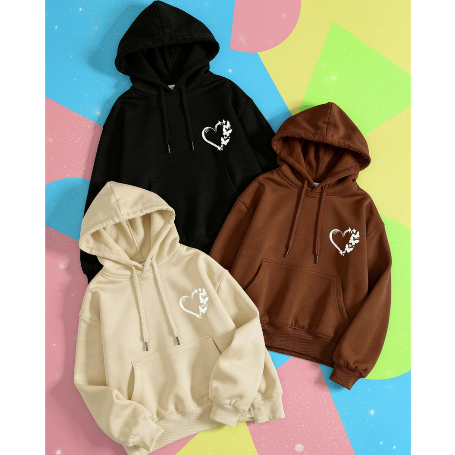 Conjunto de Moletom Feminino Kit 3 peças Casual Fofo Estampa de Coração Borboleta Inverno 6 até GG