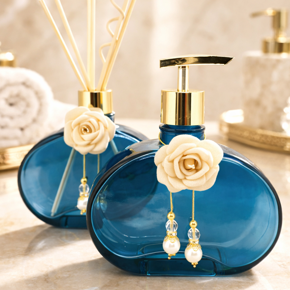 Kit Lavabo Banheiro Luxo Jolie Azul 300ml Saboneteira e Aromatizador de Ambiente