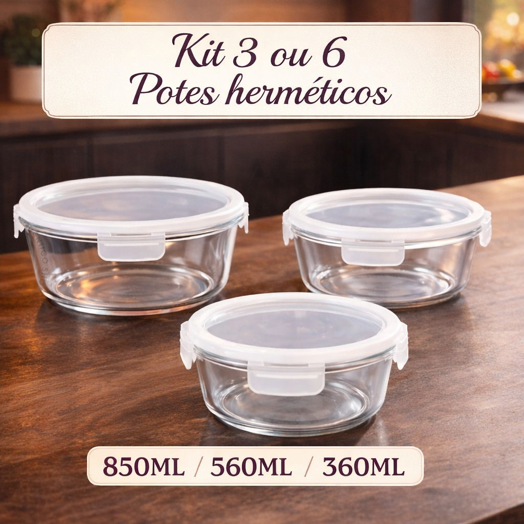 Kit 3 ou 6 Potes de Vidro Herméticos Redondo 850ML 560ML 360ML com Travas para Marmita Freezer Microondas
