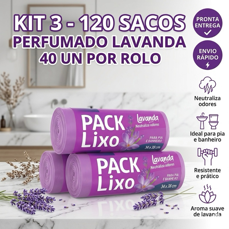 Kit Sacos de Lixo Perfumados Lavanda Para Lixeira de 2L a 5L Pia ou Banheiro - 3 Rolos Resistente Anti-Odor 34x38cm