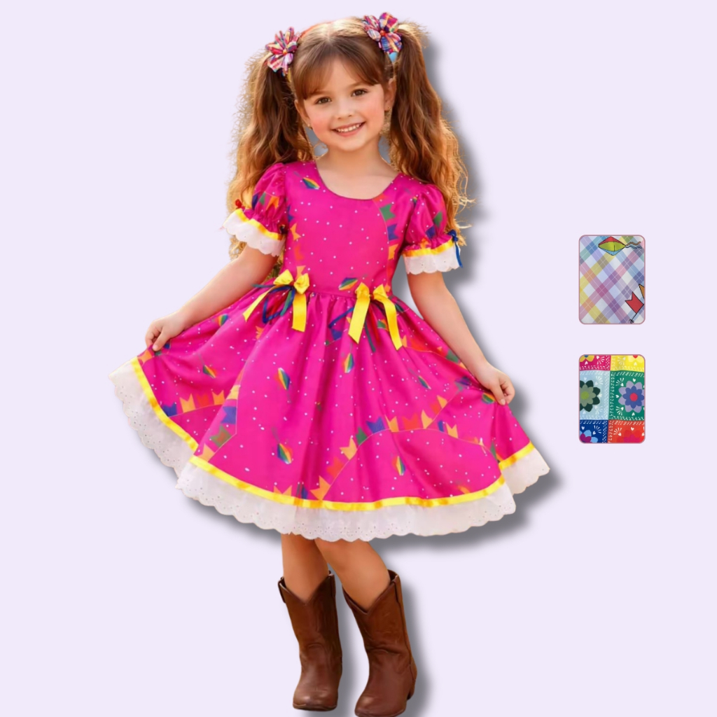 Vestido Festa Junina Quadrilha Curto São João Flores Quadriculado Bandeirinhas