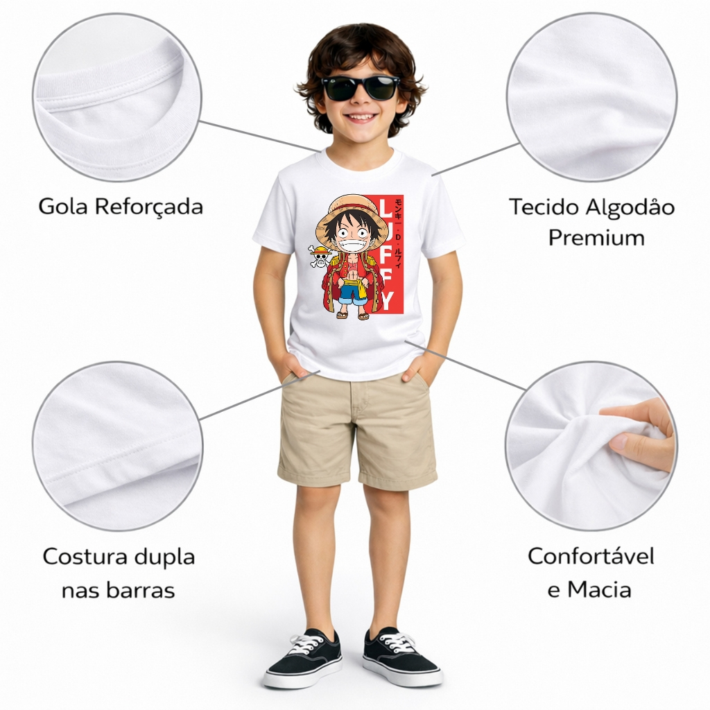 Camiseta Infantil One Piece Luffy Chápeu de Palha Blusa 100% Algodão Juvenil e Adulto Anime Manga — imagem 2 de 2