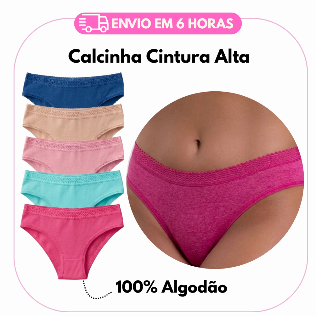 Kit 10/5 Calcinha Feminina TANGÃO - 020 Cos Alto  Lisa Confortavel Cintura Alta 100% Algodão Mulher